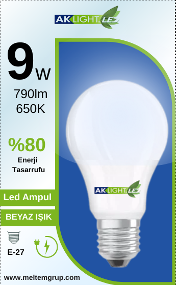 Aklight Led 9W/6500K 840lm E27 Beyaz Işık Ampul