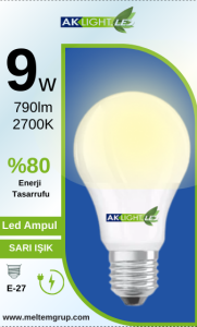 Aklight Led 9W/2700K 790lm E27 Gün Işığı Ampul