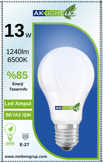 Aklight Led 13W/6500K 1300lm E27 Beyaz Işık Ampul